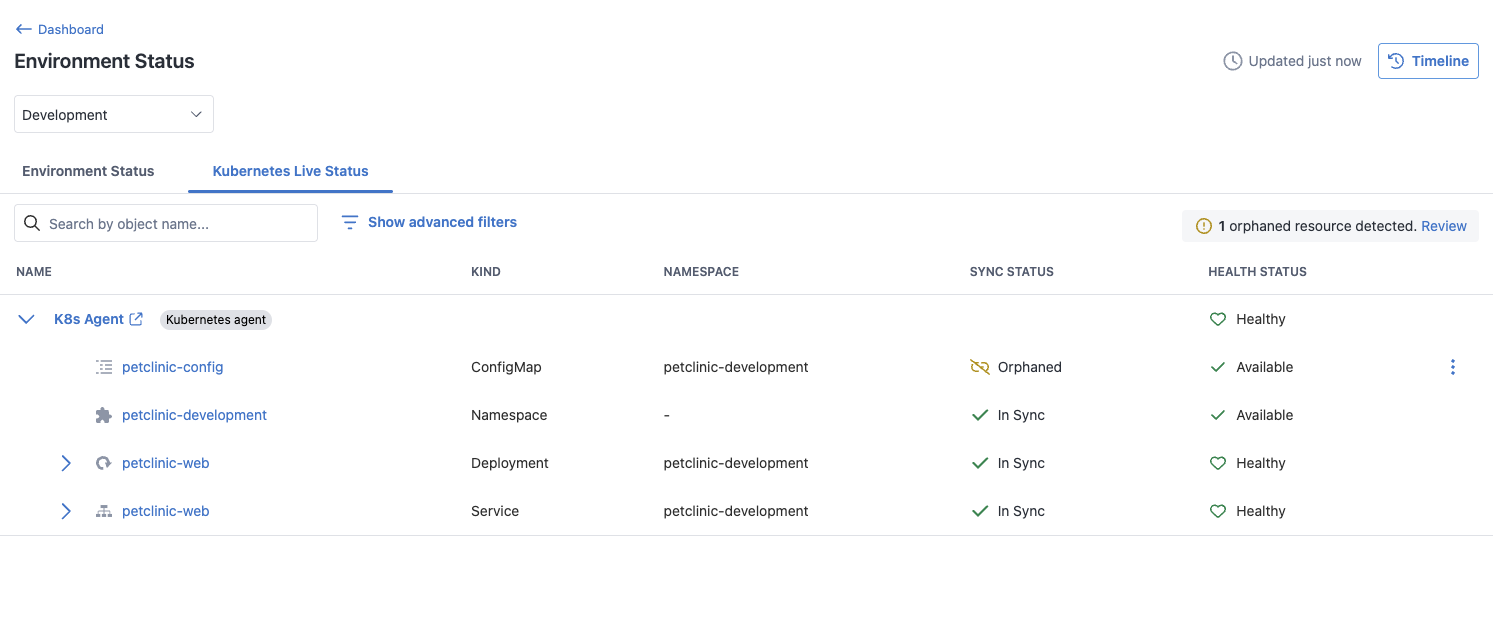 Live Status table showing orphaned objects